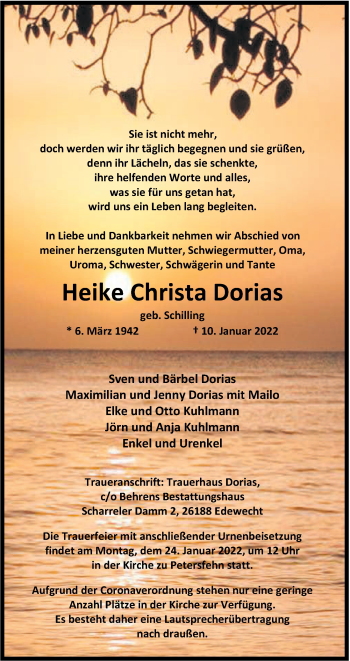 Traueranzeige von Heike Christa Dorias von Nordwest-Zeitung