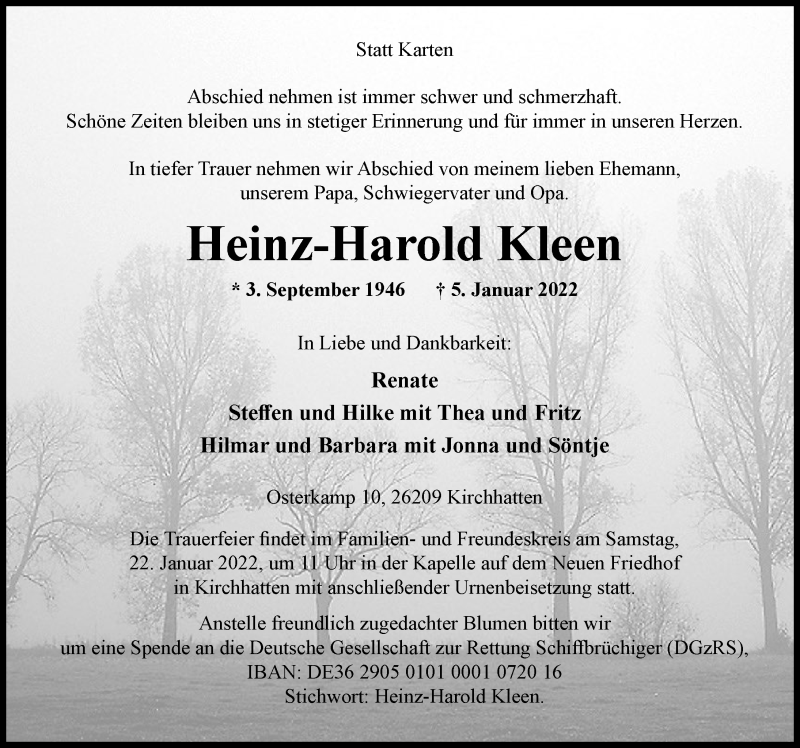 Traueranzeige für Heinz-Harold Kleen vom 08.01.2022 aus Nordwest-Zeitung