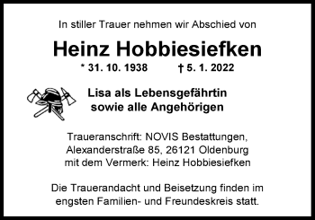 Traueranzeige von Heinz Hobbiesiefken von Nordwest-Zeitung
