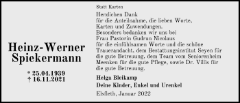 Traueranzeige von Heinz-Werner Spiekermann von Nordwest-Zeitung