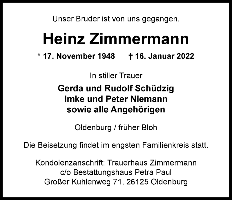  Traueranzeige für Heinz Zimmermann vom 20.01.2022 aus Nordwest-Zeitung