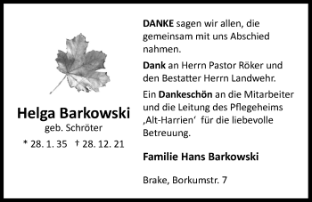 Traueranzeige von Helga Barkowski von Nordwest-Zeitung