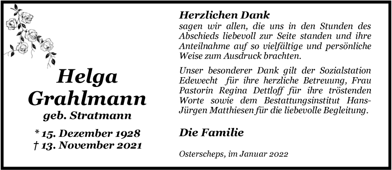  Traueranzeige für Helga Grahlmann vom 04.01.2022 aus Nordwest-Zeitung