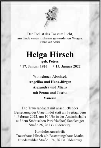 Traueranzeige von Helga Hirsch von Nordwest-Zeitung