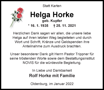 Traueranzeige von Helga Horke von Nordwest-Zeitung