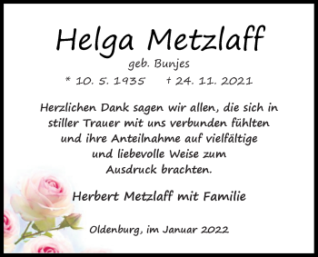 Traueranzeige von Helga Metzlaff von Nordwest-Zeitung