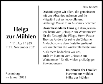 Traueranzeige von Helga zur Mühlen von Nordwest-Zeitung