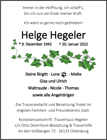 Traueranzeige von Helge Hegeler von Nordwest-Zeitung