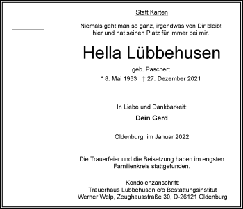 Traueranzeige von Hella Lübbehusen von Nordwest-Zeitung