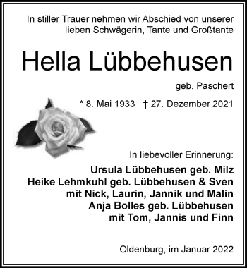 Traueranzeige von Hella Lübbehusen von Nordwest-Zeitung