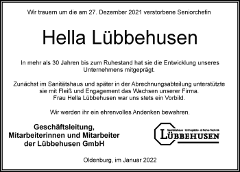 Traueranzeige von Hella Lübbehusen von Nordwest-Zeitung