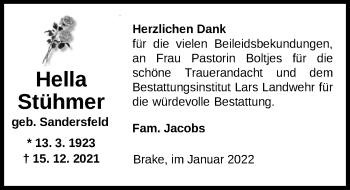 Traueranzeige von Hella Stühmer von Nordwest-Zeitung