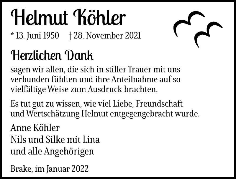  Traueranzeige für Helmut Köhler vom 15.01.2022 aus Nordwest-Zeitung