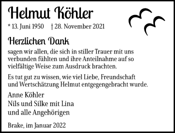 Traueranzeige von Helmut Köhler von Nordwest-Zeitung