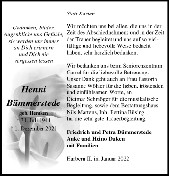 Traueranzeige von Henni Bümmerstede von Nordwest-Zeitung