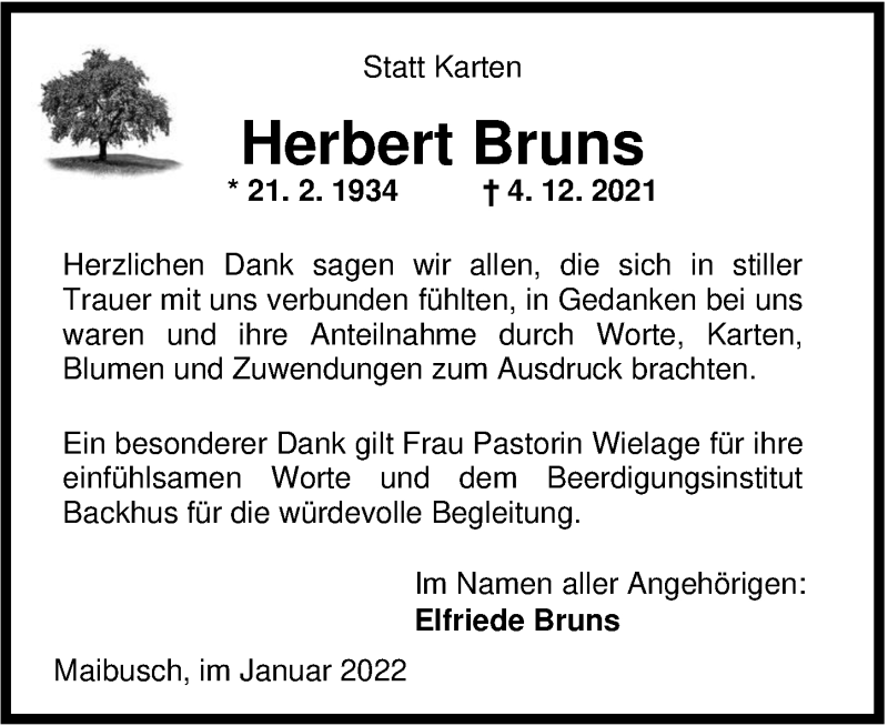  Traueranzeige für Herbert Bruns vom 22.01.2022 aus Nordwest-Zeitung