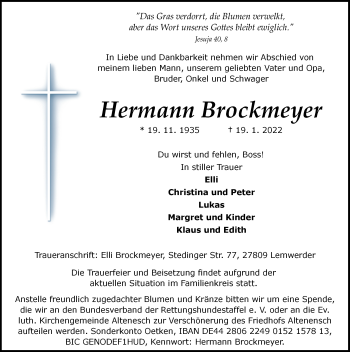 Traueranzeige von Hermann Brockmeyer von Nordwest-Zeitung
