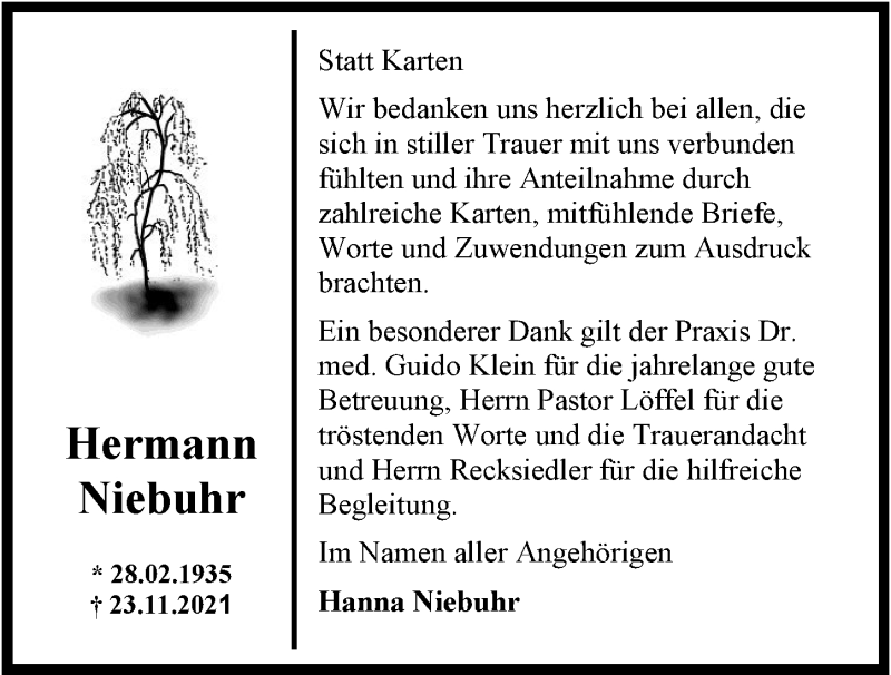  Traueranzeige für Hermann Niebuhr vom 22.01.2022 aus Nordwest-Zeitung