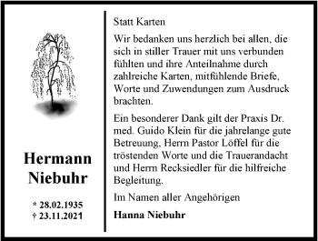 Traueranzeige von Hermann Niebuhr von Nordwest-Zeitung