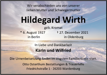 Traueranzeige von Hildegard Wirth von Nordwest-Zeitung