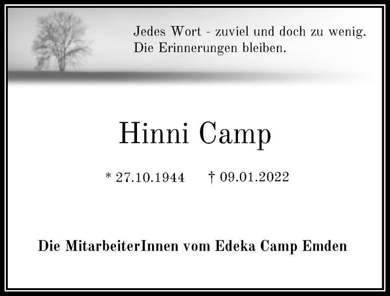 Traueranzeige für Hinni Camp vom 15.01.2022 aus Emder Zeitung