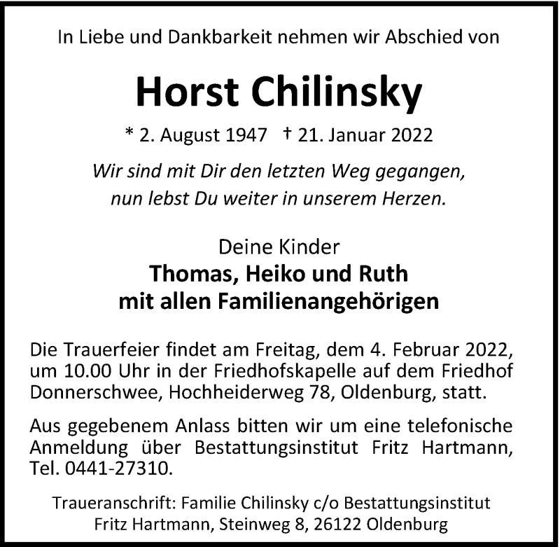  Traueranzeige für Horst Chilinsky vom 29.01.2022 aus Nordwest-Zeitung