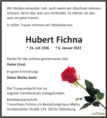 Traueranzeige von Hubert Fichna von Nordwest-Zeitung