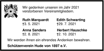 Traueranzeige von Huder Schützen von Nordwest-Zeitung