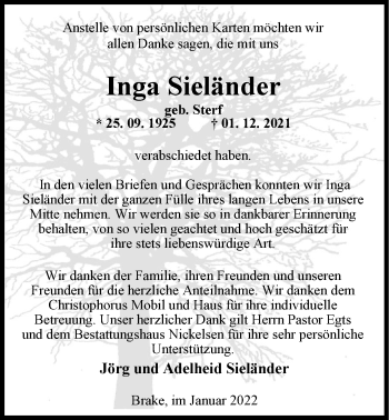 Traueranzeige von Inga Sieländer von Nordwest-Zeitung