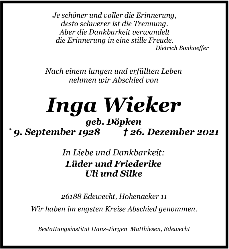  Traueranzeige für Inga Wieker vom 08.01.2022 aus Nordwest-Zeitung