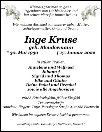 Traueranzeige von Inge Kruse von Nordwest-Zeitung