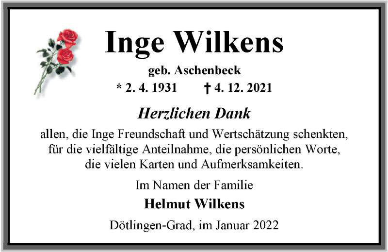  Traueranzeige für Inge Wilkens vom 14.01.2022 aus Nordwest-Zeitung