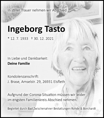 Traueranzeige von Ingeborg Tasto von Nordwest-Zeitung