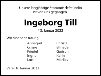 Traueranzeige von Ingeborg Till von Nordwest-Zeitung