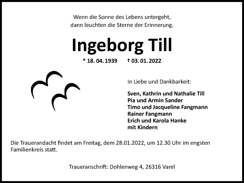  Traueranzeige für Ingeborg Till vom 08.01.2022 aus Nordwest-Zeitung