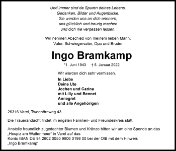 Traueranzeige von Ingo Bramkamp von Nordwest-Zeitung