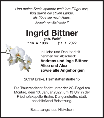Traueranzeige von Ingrid Bittner von Nordwest-Zeitung