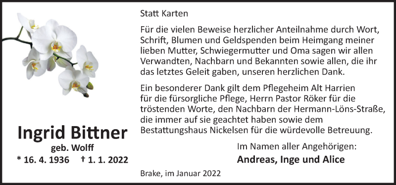  Traueranzeige für Ingrid Bittner vom 26.01.2022 aus Nordwest-Zeitung