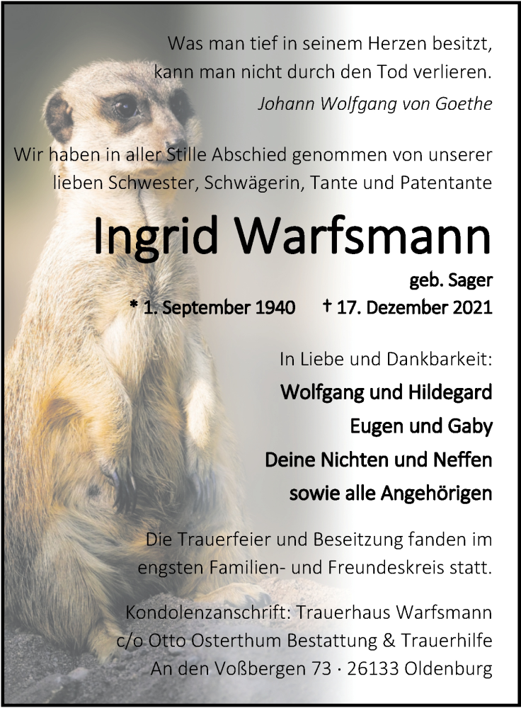  Traueranzeige für Ingrid Warfsmann vom 08.01.2022 aus Nordwest-Zeitung