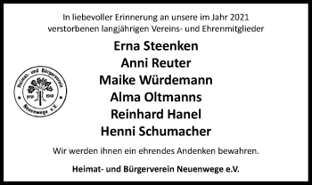 Traueranzeige von In liebevoller Erinnerung an unsere im Jahr 2021 verstorbenen langjährigen Vereins- und Ehrenmitglieder  von Nordwest-Zeitung