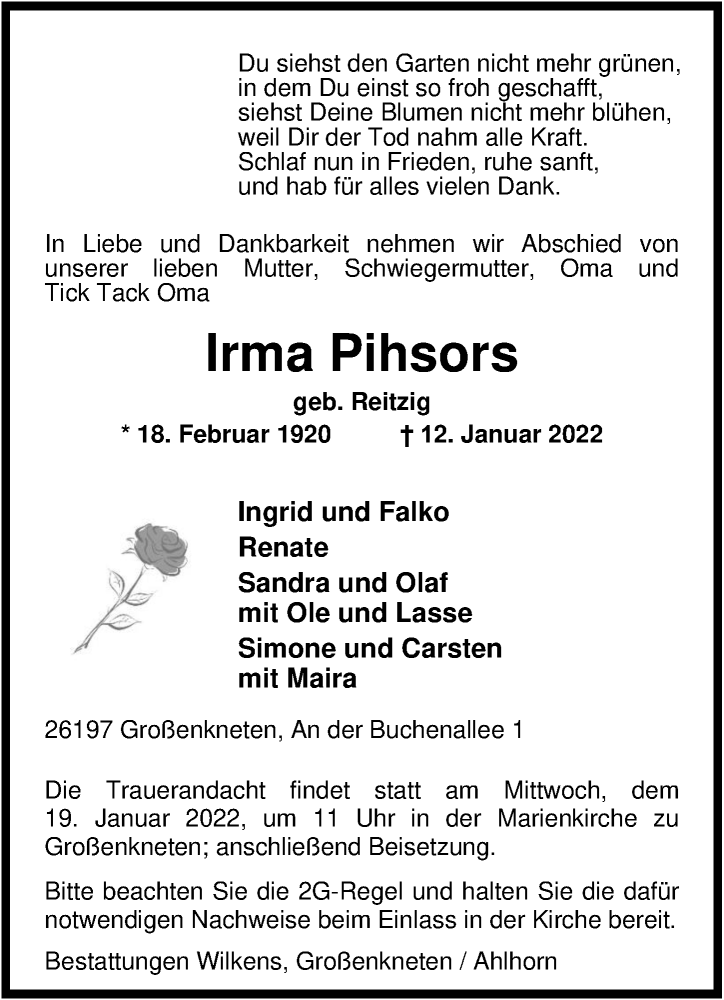  Traueranzeige für Irma Pihsors vom 15.01.2022 aus Nordwest-Zeitung
