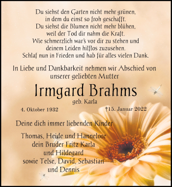 Traueranzeige von Irmgard Brahms von Nordwest-Zeitung