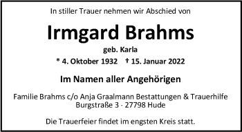 Traueranzeige von Irmgard Brahms von Nordwest-Zeitung