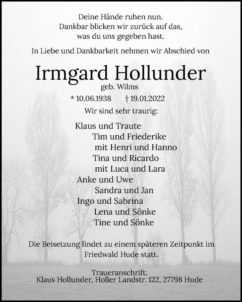  Traueranzeige für Irmgard Hollunder vom 21.01.2022 aus Nordwest-Zeitung