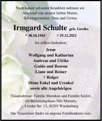 Traueranzeige von Irmgard Schulte von Nordwest-Zeitung