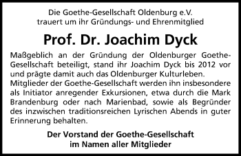 Traueranzeige von Joachim Dyck von Nordwest-Zeitung