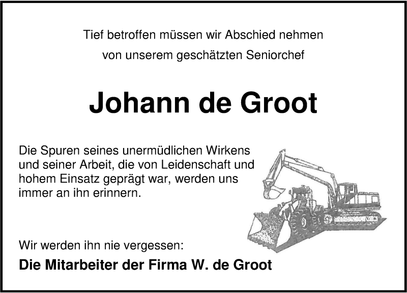  Traueranzeige für Johann de Groot vom 15.01.2022 aus Nordwest-Zeitung