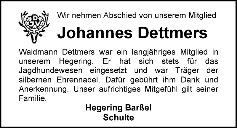  Traueranzeige für Johannes Dettmers vom 19.01.2022 aus Nordwest-Zeitung