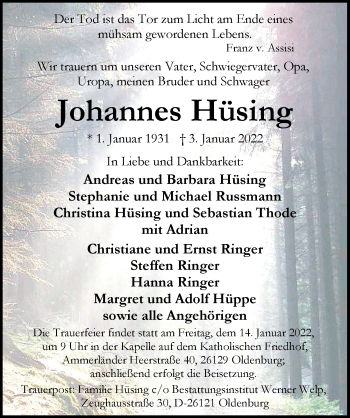 Traueranzeige von Johannes Hüsing von Nordwest-Zeitung