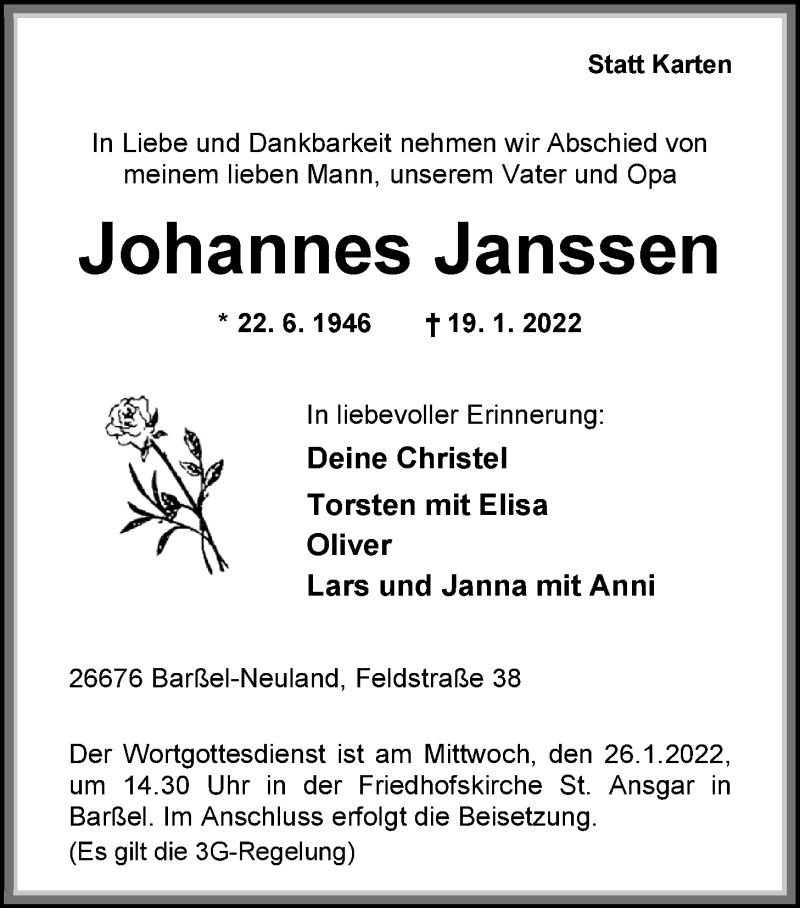  Traueranzeige für Johannes Janssen vom 22.01.2022 aus Nordwest-Zeitung